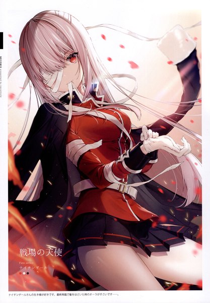 Anime picture 3208x4619 with fate (series) fate/grand order florence nightingale (fate) necomi (gussan) single long hair tall image looking at viewer fringe highres red eyes holding signed absurdres silver hair long sleeves pleated skirt scan from below text