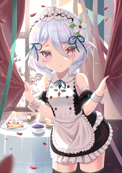Anime picture 2894x4093 with princess connect! re:dive princess connect! kokkoro (princess connect!) wander00317 (akihirotanisi) single tall image looking at viewer blush fringe highres short hair hair between eyes standing purple eyes bare shoulders silver hair indoors hair flower fingernails light smile