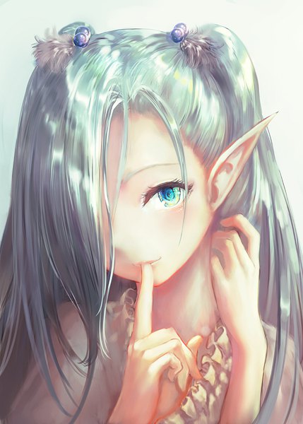 Anime picture 572x800 with original iori (cpeilad) single long hair tall image looking at viewer fringe aqua eyes pointy ears hair over one eye aqua hair finger to mouth girl hair ornament