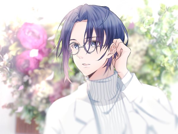Anime picture 1024x768 with idolish 7 izumi iori anzu (pixiv id15319703) single fringe short hair blue eyes blue hair looking away upper body parted lips blurry depth of field adjusting hair a bouquet for you boy flower (flowers) glasses turtleneck blazer