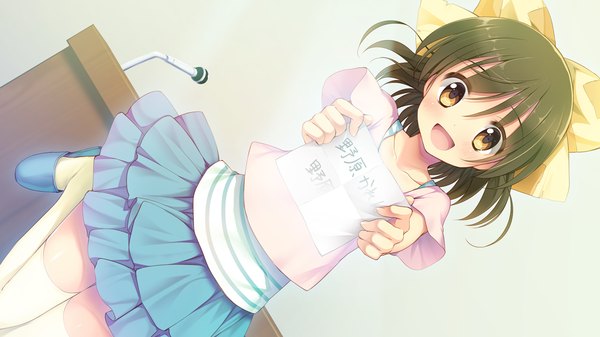 Anime picture 1280x720 with aisare roommate nohara karen single blush short hair open mouth brown hair wide image yellow eyes game cg loli girl dress bow hair bow