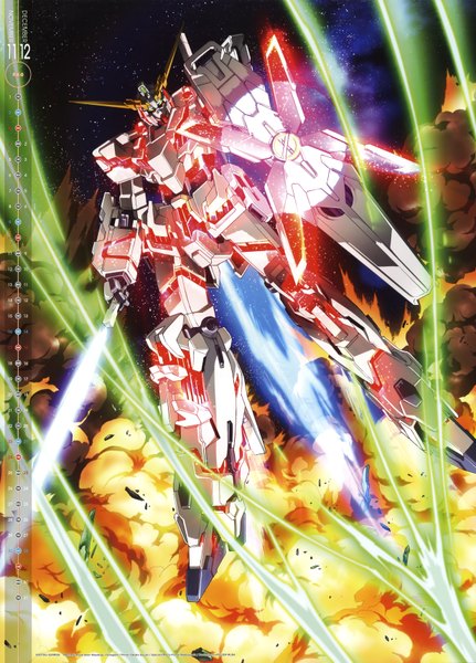 Anime picture 4942x6884 with mobile suit gundam sunrise (studio) tall image highres absurdres dark background space battle calendar 2013 weapon sword fire mecha calendar