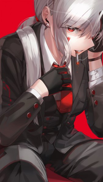Anime picture 1410x2500 with original kfr single long hair tall image looking at viewer fringe simple background hair between eyes red eyes sitting holding payot silver hair long sleeves open clothes mouth hold smoke low ponytail red background