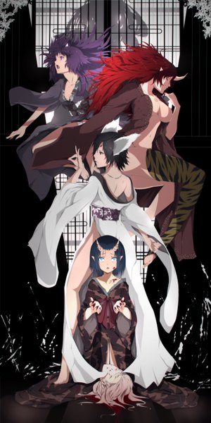 Anime picture 800x1600 with original viola (seed) tall image short hair blue eyes light erotic black hair red eyes standing purple eyes multiple girls animal ears blue hair pink hair purple hair red hair long sleeves traditional clothes japanese clothes horn (horns)