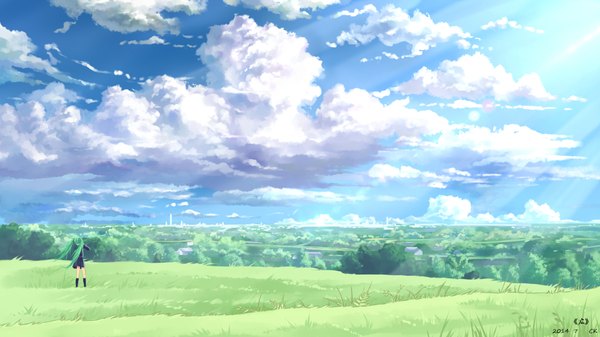 Anime picture 1920x1080 with vocaloid hatsune miku yuko-san single long hair highres wide image standing twintails sky cloud (clouds) wind from behind sunlight alternate costume back horizon landscape scenic field