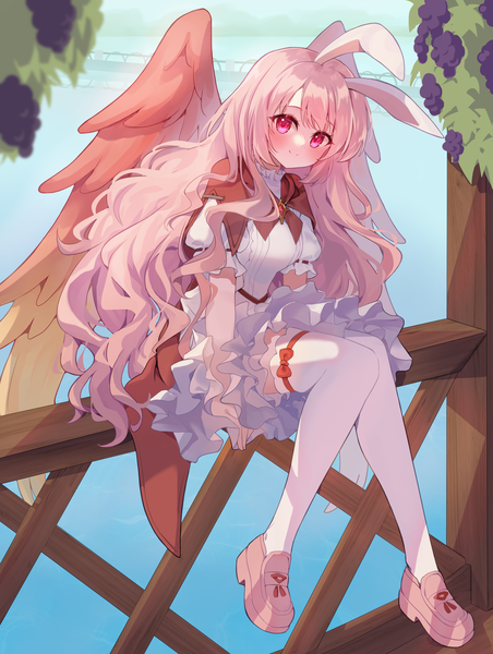 Anime picture 2500x3317 with tagme (copyright) ajeu914 single long hair tall image looking at viewer blush fringe highres smile red eyes sitting animal ears pink hair full body bent knee (knees) short sleeves bunny ears girl thighhighs