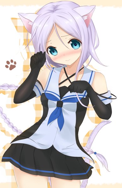 Anime picture 1100x1699 with kantai collection umikaze (kantai collection) shirotae hiwa single tall image blush fringe breasts blue eyes standing bare shoulders animal ears purple hair tail braid (braids) very long hair head tilt animal tail pleated skirt cat ears
