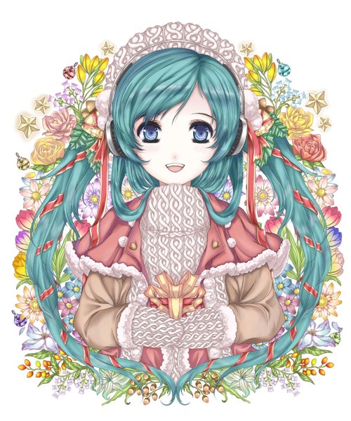 Anime picture 1250x1500 with vocaloid hatsune miku realdream627 single tall image looking at viewer open mouth blue eyes twintails very long hair aqua hair christmas girl flower (flowers) ribbon (ribbons) hair ribbon headphones sweater gift
