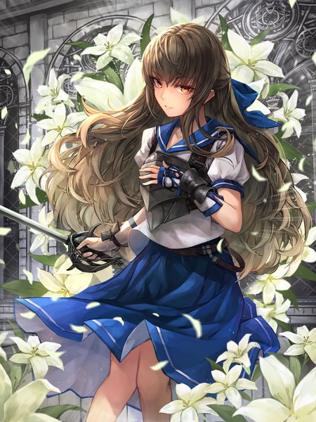 Anime picture 3000x4000 with original crystalherb single long hair tall image looking at viewer fringe highres smile hair between eyes brown hair standing holding brown eyes parted lips short sleeves hand on chest skirt flip girl skirt