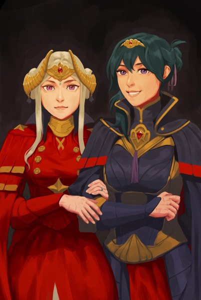 Anime picture 1116x1665 with fire emblem fire emblem: three houses nintendo edelgard von hresvelg byleth (fire emblem) byleth (female) (fire emblem) radiostarkiller tall image looking at viewer fringe short hair blue eyes smile hair between eyes purple eyes multiple girls blue hair white hair parted lips horn (horns)