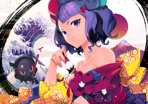 Anime picture 1275x900 with fate (series) fate/grand order kanagawa okinami ura katsushika hokusai (fate/grand order) tokitarou (fate/grand order) ryokucha (i cobalt) single looking at viewer fringe short hair smile purple eyes purple hair traditional clothes japanese clothes off shoulder mountain >:) girl hair ornament