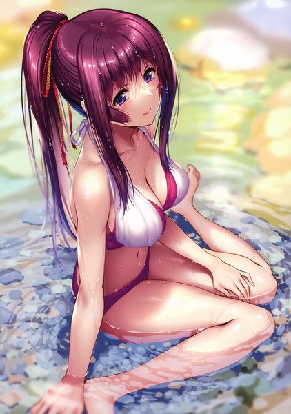 Anime picture 2532x3600 with hanikami kanojo shizuki neru piromizu single long hair tall image looking at viewer blush fringe highres breasts light erotic smile large breasts sitting purple eyes bare shoulders payot cleavage bent knee (knees)