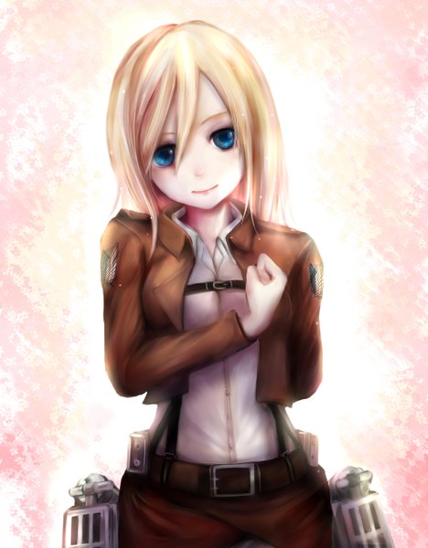 Anime picture 2000x2560 with shingeki no kyojin production i.g krista lenz zhang xiao bo single long hair tall image looking at viewer highres blue eyes blonde hair smile open clothes open jacket salute girl shirt jacket belt