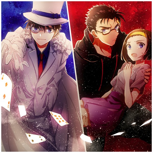 Anime picture 1000x1000 with detective conan magic kaito kaito kid suzuki sonoko kyougoku makoto una (lila2) looking at viewer short hair open mouth brown hair purple eyes holding long sleeves multiple boys :o short sleeves blue background sweatdrop multiview red background
