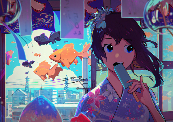 Anime picture 1754x1240 with original tsukun112 single long hair highres open mouth blue eyes brown hair holding looking away ponytail traditional clothes japanese clothes hair flower wind city floral print girl flower (flowers) animal