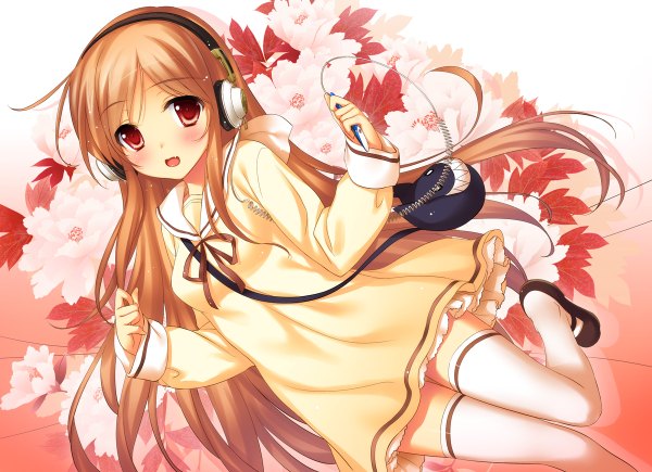 Anime picture 1200x870 with original 47agdragon single long hair blush open mouth red eyes orange hair girl thighhighs dress flower (flowers) white thighhighs headphones bag digital media player
