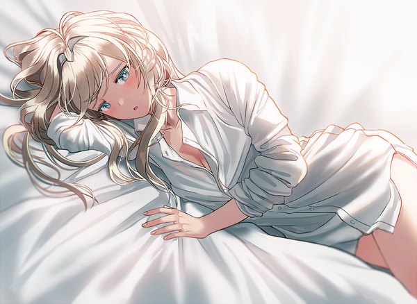 Anime picture 1000x731 with girls frontline an-94 (girls frontline) silence girl single long hair looking at viewer blush fringe breasts open mouth light erotic blonde hair cleavage lying long sleeves aqua eyes :o thighs on side arm behind head