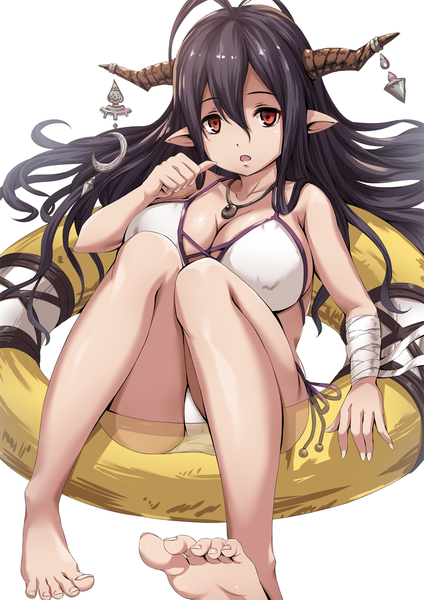 Anime picture 800x1131 with granblue fantasy danua sakiyamama single long hair tall image looking at viewer fringe breasts open mouth light erotic black hair simple background hair between eyes red eyes large breasts white background sitting payot cleavage