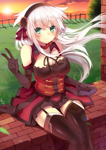 Anime picture 800x1131 with original anceril sacred mishima kurone single long hair tall image looking at viewer blush bare shoulders green eyes white hair victory girl thighhighs dress gloves black thighhighs elbow gloves hairband