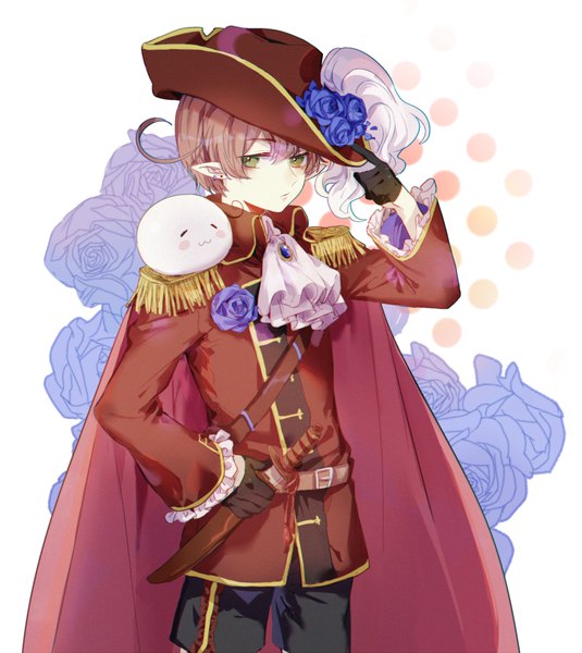 Anime picture 1000x1120 with axis powers hetalia studio deen south italy (hetalia) kanose single tall image looking at viewer fringe short hair hair between eyes brown hair standing green eyes ahoge pointy ears adjusting hat boy gloves flower (flowers) weapon