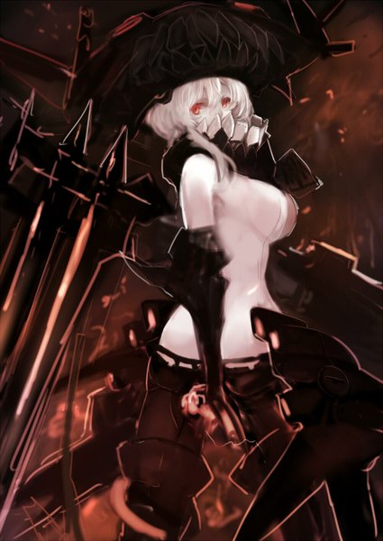 Anime picture 1000x1411 with kantai collection wo-class aircraft carrier sumisu (mondo) single tall image looking at viewer short hair breasts light erotic red eyes large breasts white hair looking back shinkaisei-kan girl bodysuit