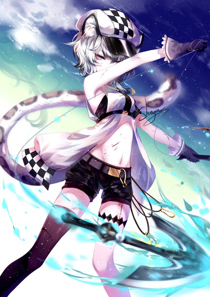 Anime picture 2480x3507 with arknights cliffheart (arknights) sheya single tall image looking at viewer fringe highres short hair blue eyes hair between eyes bare shoulders holding signed animal ears sky cloud (clouds) tail animal tail arm up