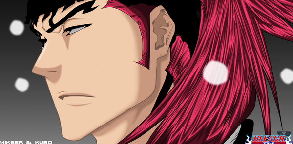 Anime picture 3377x1671 with bleach studio pierrot abarai renji gold-mk single long hair highres wide image pink hair black eyes inscription grey background tattoo coloring close-up face boy