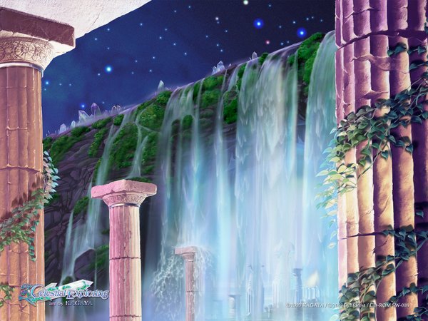 Anime picture 1600x1200 with kagaya night night sky landscape waterfall 3d plant (plants) water star (stars) pillar column