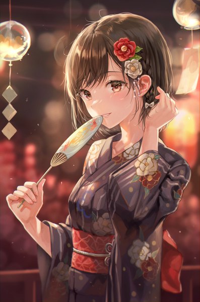 Anime picture 1929x2918 with project sekai shinonome ena tokkyu single tall image looking at viewer blush fringe highres short hair smile brown hair standing brown eyes upper body braid (braids) long sleeves traditional clothes parted lips japanese clothes