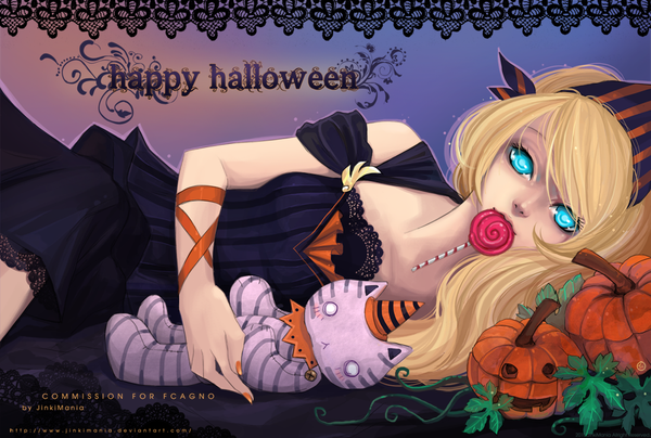 Anime picture 1122x757 with original jinkimania (artist) single long hair blue eyes blonde hair lying nail polish halloween happy halloween orange nail polish girl dress food sweets toy stuffed animal candy lollipop vegetables