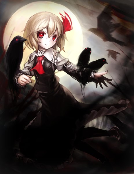 Anime picture 1000x1294 with touhou rumia spark621 single tall image looking at viewer blush fringe short hair blonde hair smile hair between eyes red eyes holding full body bent knee (knees) outdoors long sleeves nail polish head tilt