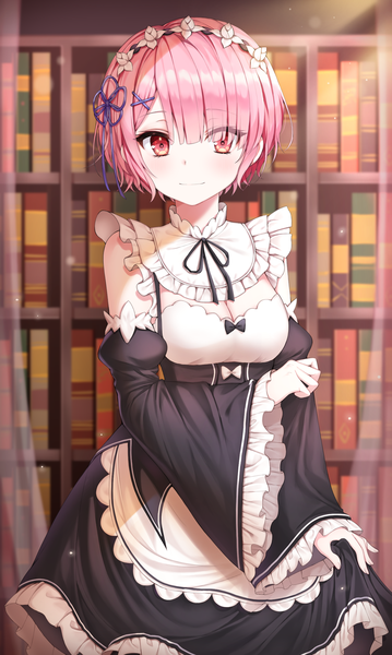 Anime picture 1429x2385 with re:zero kara hajimeru isekai seikatsu white fox ram (re:zero) yeorem single tall image looking at viewer blush fringe short hair smile red eyes standing pink hair indoors blunt bangs hair over one eye wide sleeves maid puffy sleeves