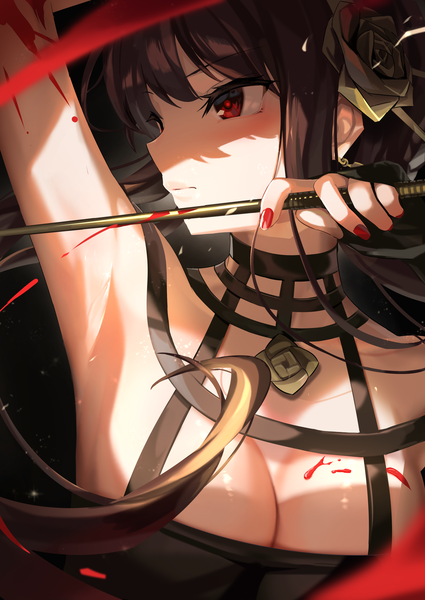 Anime picture 2508x3541 with spy x family yor briar maeshimashi single tall image fringe highres short hair breasts light erotic black hair simple background red eyes large breasts holding looking away cleavage upper body nail polish profile