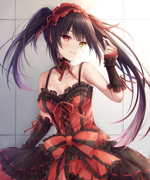 Anime picture 2000x2400 with date a live tokisaki kurumi kiri celea single long hair tall image looking at viewer blush fringe highres breasts black hair smile red eyes twintails bare shoulders yellow eyes payot blunt bangs parted lips