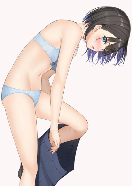 Anime picture 1433x2024 with original mottsun (i 40y) single tall image looking at viewer blush short hair open mouth blue eyes light erotic black hair simple background standing white background bare shoulders bent knee (knees) underwear only standing on one leg undressing skirt pull