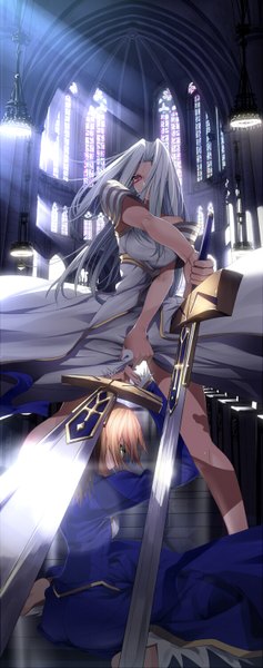 Anime picture 592x1494 with fate (series) fate/zero type-moon artoria pendragon (all) saber irisviel von einzbern tagme (artist) long hair tall image fringe breasts blonde hair red eyes multiple girls holding white hair indoors hair over one eye legs dark skin