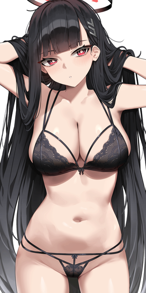 Anime picture 1500x3000 with blue archive rio (blue archive) wakamepiza single tall image blush fringe breasts light erotic black hair simple background red eyes large breasts standing white background looking away blunt bangs very long hair parted lips head tilt