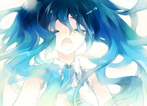 Anime picture 1000x720 with vocaloid hatsune miku hajida (artist) single long hair open mouth twintails bare shoulders blue hair eyes closed wind singing girl