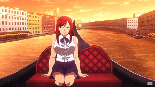 Anime picture 1920x1080 with fairy tail erza scarlet satyarizqy single long hair looking at viewer fringe highres smile hair between eyes wide image sitting bare shoulders brown eyes red hair pleated skirt evening sunset river knees touching