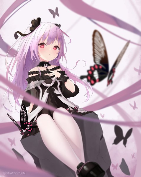 Anime picture 2480x3109 with virtual youtuber hololive uruha rushia uruha rushia (3rd costume) dai891111 single long hair tall image looking at viewer blush fringe highres open mouth red eyes sitting signed payot purple hair bent knee (knees) head tilt