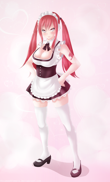 Anime picture 1700x2797 with fairy tail erza scarlet ric9duran single long hair tall image blush light erotic smile twintails pink hair pink eyes maid tattoo coloring hands on hips girl thighhighs white thighhighs headdress