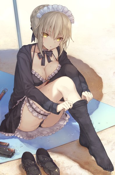 Anime picture 1082x1642 with fate (series) fate/grand order artoria pendragon (all) artoria pendragon (alter swimsuit rider) (fate) mashuu (neko no oyashiro) single tall image looking at viewer fringe short hair breasts light erotic blonde hair hair between eyes large breasts sitting yellow eyes cleavage braid (braids) shadow