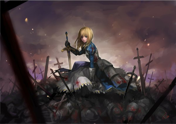 Anime picture 1239x879 with fate (series) fate/stay night fate/zero studio deen type-moon artoria pendragon (all) saber ask (askzy) single looking at viewer fringe short hair blonde hair holding aqua eyes dark background sad death army girl