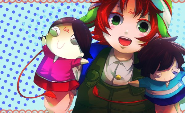Anime picture 1300x799 with mirai nikki tagme (character) houjou reisuke amami touhei (kaaan3) short hair open mouth wide image green eyes red hair blue background polka dot polka dot background blush stickers child (children) doll (dolls)