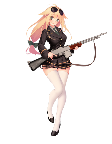 Anime picture 1191x1536 with girls frontline m1918 bar (girls frontline) suisai single long hair tall image looking at viewer blush fringe open mouth blonde hair hair between eyes standing holding green eyes payot full body ahoge official art zettai ryouiki