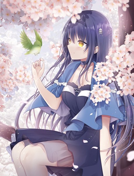 Anime picture 1191x1557 with summer pockets key (studio) kushima kamome yutori z71 single long hair tall image fringe hair between eyes sitting yellow eyes blue hair looking away cherry blossoms spring tree sitting girl hair ornament flower (flowers) plant (plants)