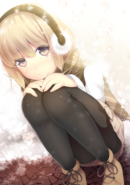 Anime picture 900x1277 with original daiaru tall image looking at viewer short hair blonde hair smile sitting brown eyes dutch angle snowing winter snow girl skirt miniskirt pantyhose scarf snowflake (snowflakes) plaid scarf