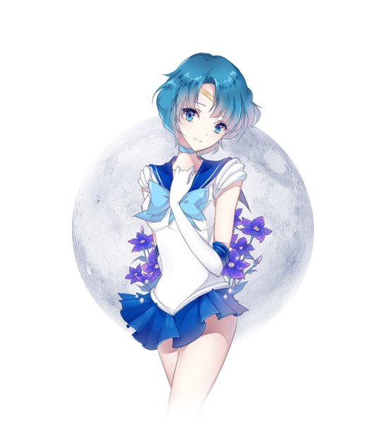 Anime picture 740x800 with bishoujo senshi sailor moon toei animation mizuno ami sailor mercury brunette (realsyaoran) single tall image looking at viewer blush short hair blue eyes simple background smile white background blue hair sailor collar girl gloves flower (flowers) choker