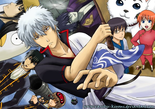 Anime picture 1500x1051 with gintama sunrise (studio) sakata gintoki kagura (gintama) hijikata toshiro okita sougo takasugi shinsuke katsura kotarou shimura shinpachi sadaharu elizabeth tsuki-nekota long hair looking at viewer short hair open mouth blue eyes black hair smile brown eyes