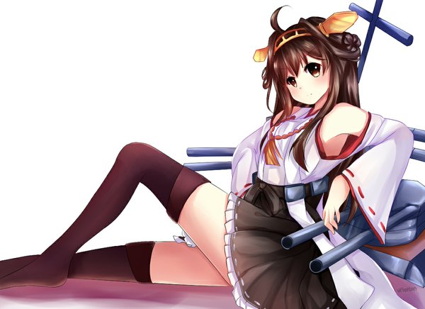 Anime picture 1100x800 with kantai collection kongou battleship venn (vebonbon) single long hair brown hair white background bare shoulders brown eyes ahoge traditional clothes nontraditional miko girl thighhighs hair ornament weapon black thighhighs detached sleeves